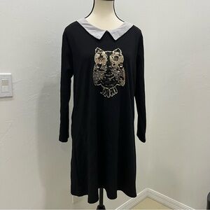 Black Long Sleeve Dress with Owl‎ Design